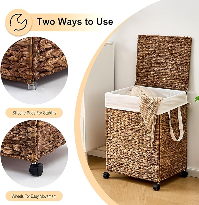 Laundry Hamper with Lid, Large Capacity Woven Natural Water Hyacinth Laundry Sorter with Removable Liners, Rolling or Non-Slip Design for Bedroom (Espresso, 100L)