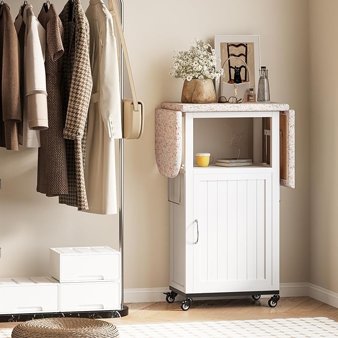 Rolling Ironing Board with Storage Cabinet, Folding Ironing Board with Wheels, Craft Table with Storage, Wooden Fold Down Ironing Station with Heat-Resistant Sponge(White with Wheels)