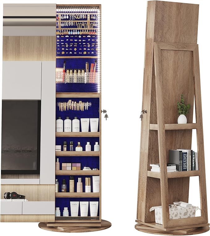 LVSOMT 360° Rotating Full Length Mirror Jewelry Cabinet with Sliding Door, LED Lighted Lockable Jewelry Armoire Organizer, Space-Saving Standing Mirror Storage for Bedroom Dressing Room (Light Wood)
