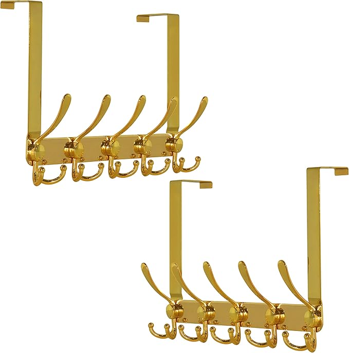 Dseap Over The Door Hook Hanger - Fits 1 3/8" to 1 3/4" Standard Doors | 5 Tri Hooks Heavy Duty Towel/Coat Rack | Door Organizer for Clothes, Jackets, Hats, Towels, Gold, Pack of 2