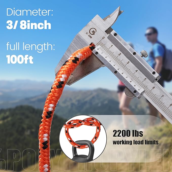 3/8 Inch 100 ft Diamond Braided Polypropylene Rope, All Purpose Thick Boat Marine Ropes for Camping and Flag Pole, Indoor and Outdoor Use, Indoor and Outdoor Use, Orange