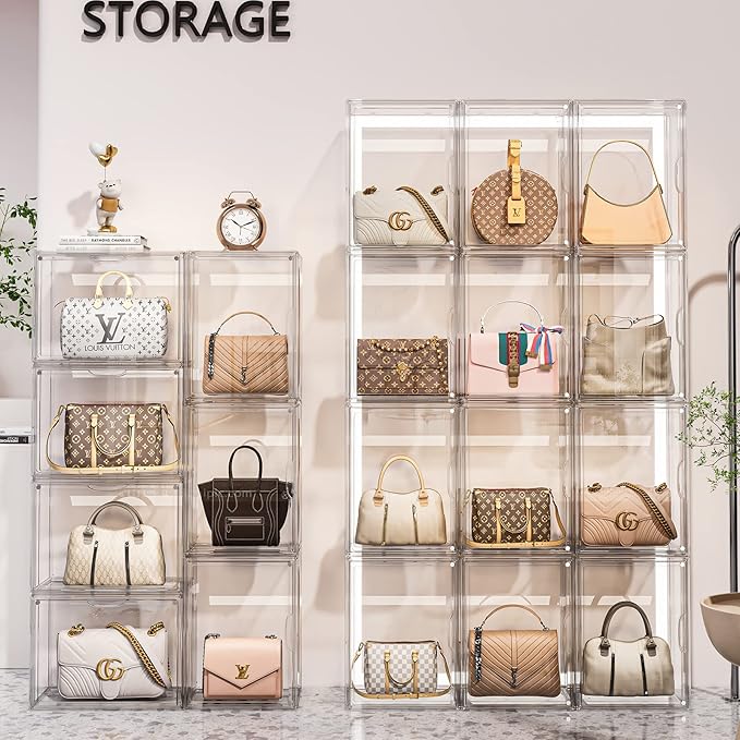 Clear Purse Organizer for Closet, 5 Pack Handbag Storage Organizer, Acrylic Display Case for Collectibles, Stackable Storage Bins with Magnetic Lids for Figure, Wallet, Clutch, Doll