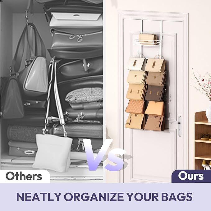 SWTYMIKI Over The Door Purse Organizer - Wall Mounted Handbag Organizer with 10 Hooks and Metal Basket, Hanging Purse Storage Rack Holds up to 10 Bags, Bag Rack Can Use As 1/2 Part, for Door, Closet