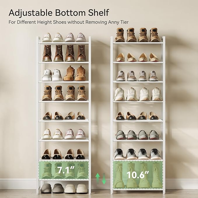 Narrow Shoe Rack, 8-Tier Metal Shoe Organizer,Tall Shoe Shelf with Anti-Tip Strap, Max Holds 18 Pairs,Space Saving for Closet,Entryway,White