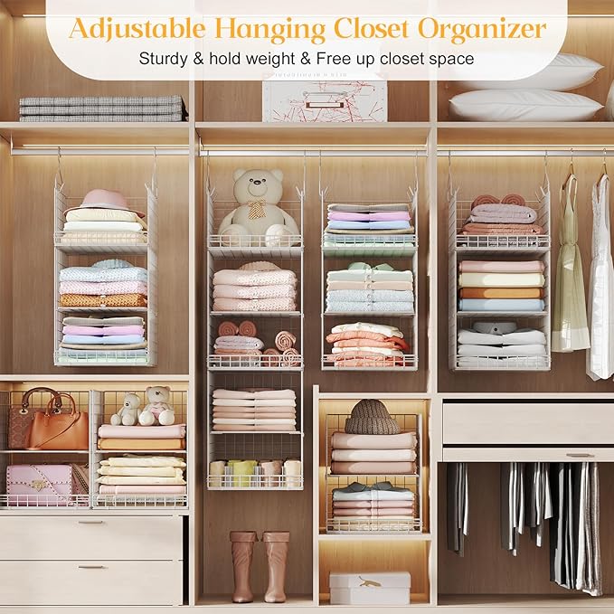 5 Tier Hanging Closet Organizer Separable Hanging Closet Shelves with 4 Hooks 2 Adjustable Dividers, Wire Storage Basket Bins for Clothing Sweaters Socks Dolls Handbags, Foldable