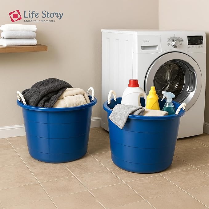 Life Story Open Storage Bucket, Round Plastic Container with Rope Handles, 17 Gallon, Blue, 2 Pack