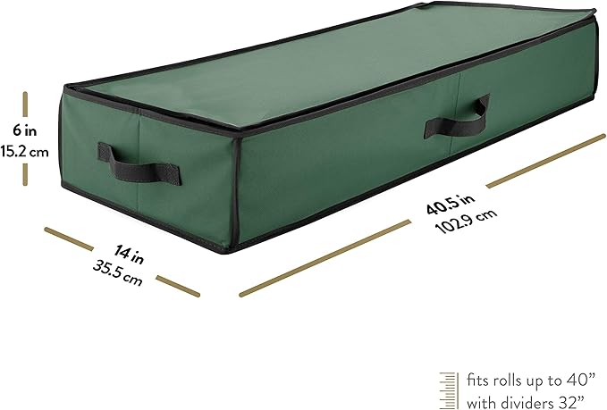 ZOBER Gift Wrapping Paper Organizer Storage - 40" Gift Wrap Storage Containers with Interior Pockets for Bows, Tags & Ribbons - Wrapping Paper Holder, 600D Oxford, Fits 24 Standard Rolls, Green/Black