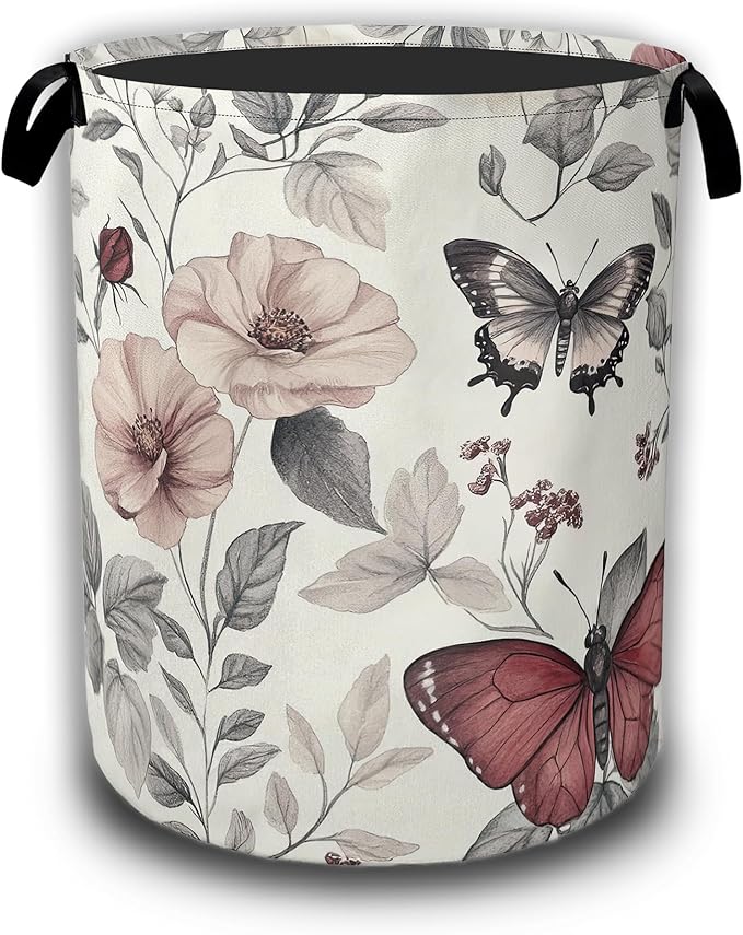 Butterfly Botanical Plant Flower Laundry Basket,Waterproof Foldable Laundry Hamper,Dirty Clothes Basket, Linen Bin Storage Organizer Collection 16" x 20.8"