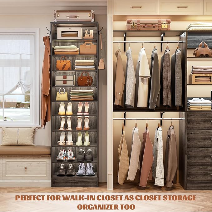 Aheaplus Tall Shoe Cabinet, 10 Tiers Narrow Wood Shoe Rack, Shoe Storage Organizer with Open Storage, Vertical Shoe Shelf Tower for 20-22 Pairs, Space Saving, for Closet, Entryway, Bedroom, Black Oak