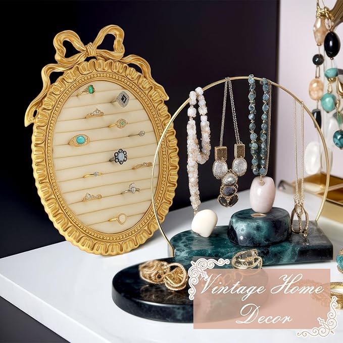 Vintage Ring Holder Round Bow Gold Ring Wedding Display Suede Jewelry Box Stand Frame Earring Tray Anniversary Engagement Baroque Organizer Photograph Prop for Women Birthday Christmas Gift