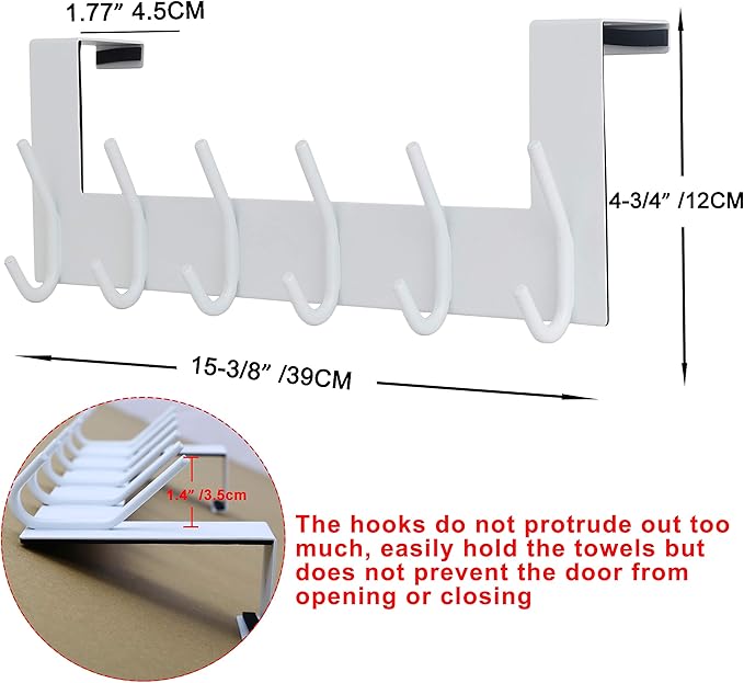 SKOLOO Over The Door Hook - 6 Hooks, No Assembly Required, Stainless Steel Door Hooks, Over Door Coat Rack for Hanging Coats Clothes Hats Robes, White, Pack of 2