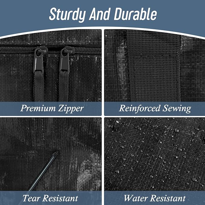 12 Pack Extra Heavy Duty Large Moving Bags with Strong Zipper & Comfortable Handles, Sturdy & Durable Clothes Storage Bags Totes Bins, Packing Moving Boxes for College Supplies, Black