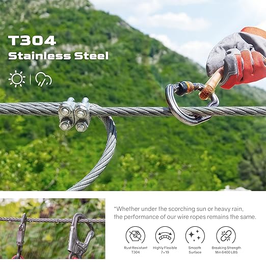 NEREUS 1/4" Stainless Steel Cable 250FT, 7x19 Strand Heavy-Duty Wire Rope with Clamps & Thimbles, 6400 lbs Breaking Strength for Backyard Zipline, Deck Railing, Clothesline and Outdoor Use
