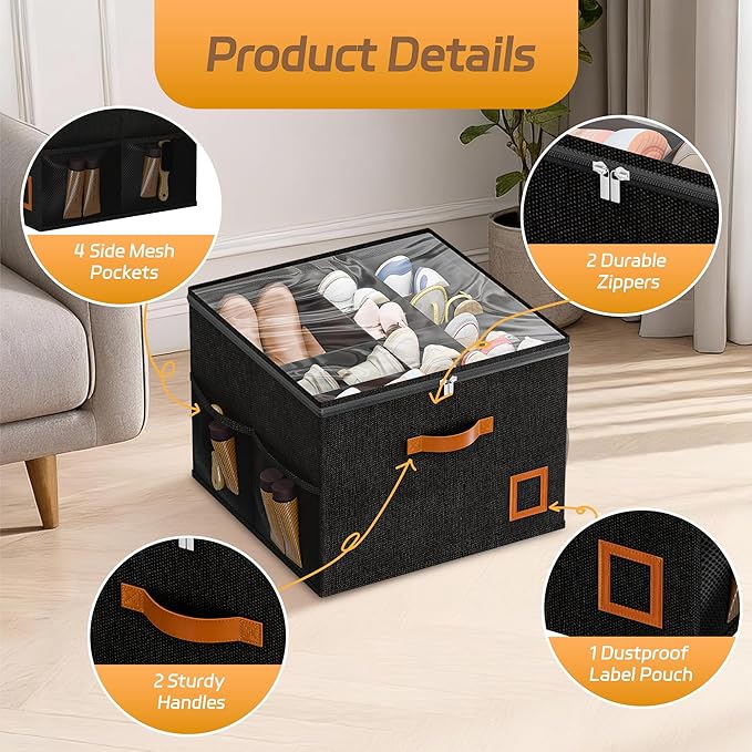 Shoe Organizer for Closet, 1 Pack Foldable Shoe Storage Organizer Box with Adjustable Dividers and Clear Cover, Space Saving Shoe Box with Reinforced Handles, Fits 8-16 Pairs, Black