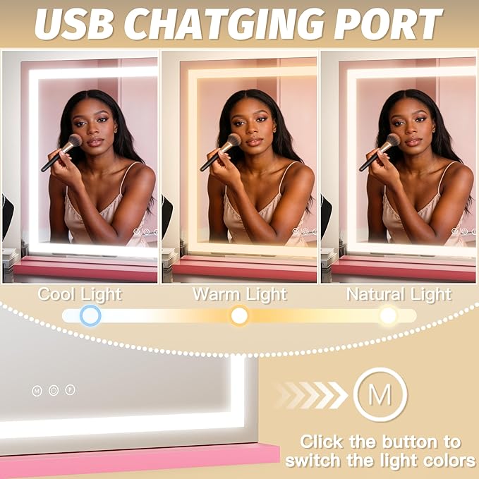 FENNIO Vanity Mirror with Lights 23"x18", Lighted Makeup Mirror, Large Vanity Mirror, Touch Sensor with 3-Color Lighting, 10X Magnification and USB Charging Port for Vanity Desk（Square Pink）