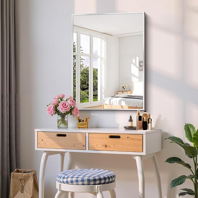 Silver Bathroom Mirror for Wall, 24x32 Inch Rectangle with Metal Frame, Modern Vanity for Bathroom Living Room, Entryway Hangs Horizontal or Vertical