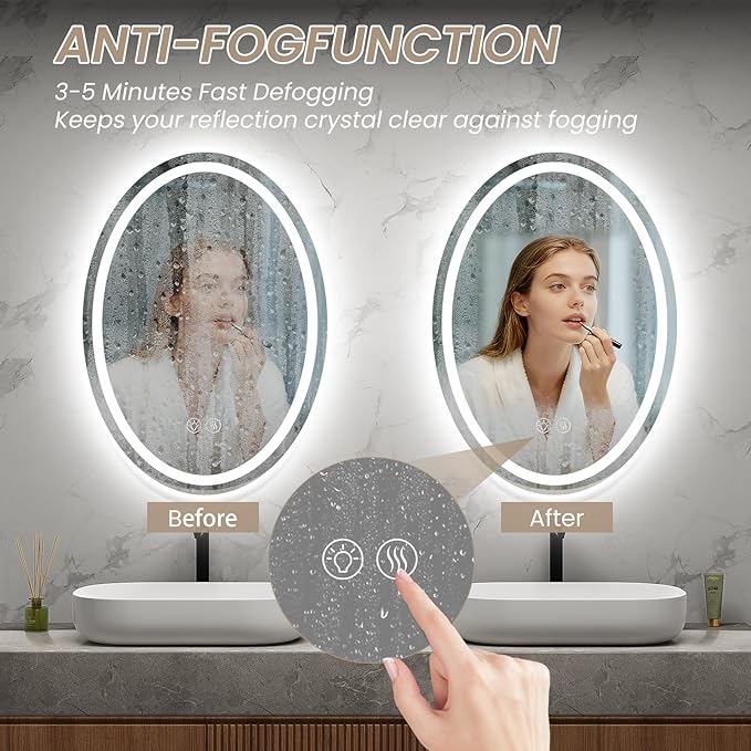 36''x24'' Oval LED Bathroom Mirror with Lights, Anti-Fog, 3 Colors Temperature & Dimmable, Lighted Mirrors for Bathroom Wall with Memory Function