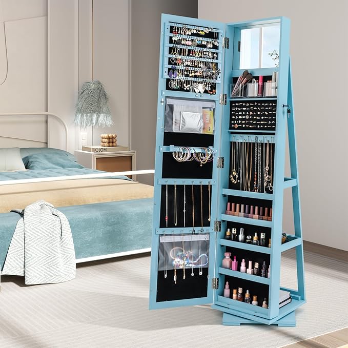 360° Swivel LED Mirror Jewelry Cabinet with Full Length Mirror, Lockable Floor Standing Mirrored Jewelry Armoire Organizer w/Inside Makeup Mirror & Back Storage Shelves, Space-Saving (Sky Blue)