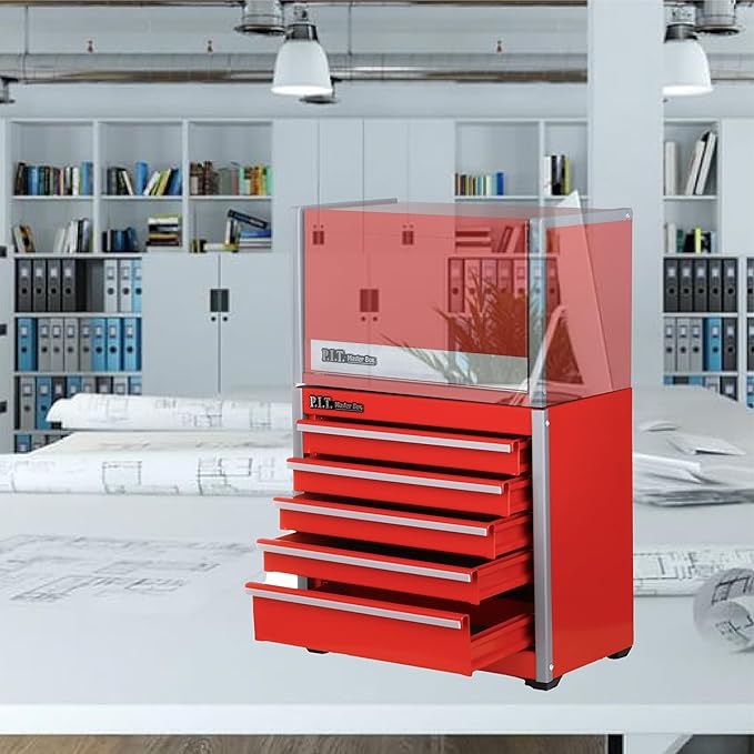 P.I.T. Mini Red Tool Box, Portable 5-Drawer Micro Roll Cab Steel Tool Box with Liner, Red Small Tool Case for Tools Storage, Home DIY