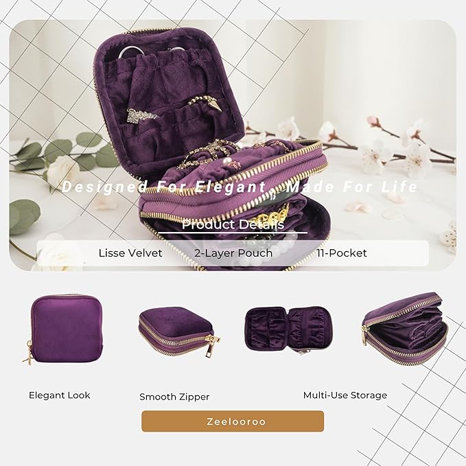 Travel Jewelry Organizer Case, Lisse Velvet 2-Layer Pouch, 11-Pocket for Necklaces, Bracelets, Earrings & Rings, Anti-Tangle Scratch-Resistant Small Jewelry Bag, Elegant Gift (Plum Purple)