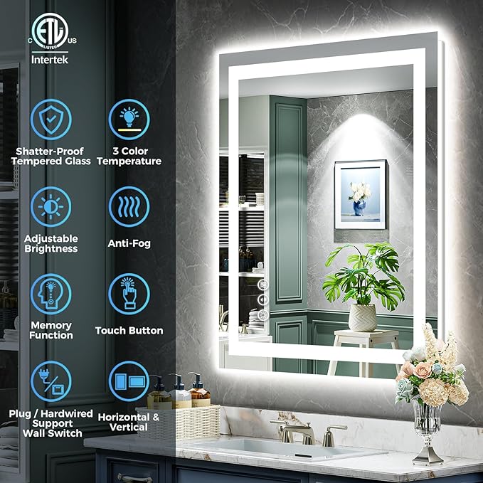32x32 Inch LED Bathroom Mirror with Lights Front and Backlit Lighted Vanity Mirror for Bathroom Wall with 3 Colors Dimmable Anti-Fog Memory Shatter-Proof IP54 Waterproof Horizontal/Vertical