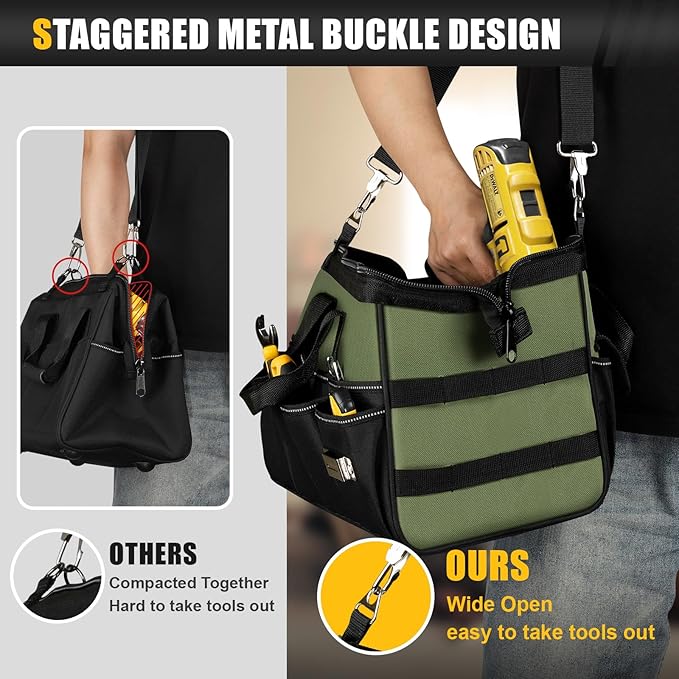 Heavy Duty Tool Bag 15-Inch, 16-Pocket Portable Empty Tool Box Organizer, Big Storage Toolbox Organization, Soft Handle Large Zipper Carrying Toolbag, Valentines Day Gifts for Him Dad Men, Green