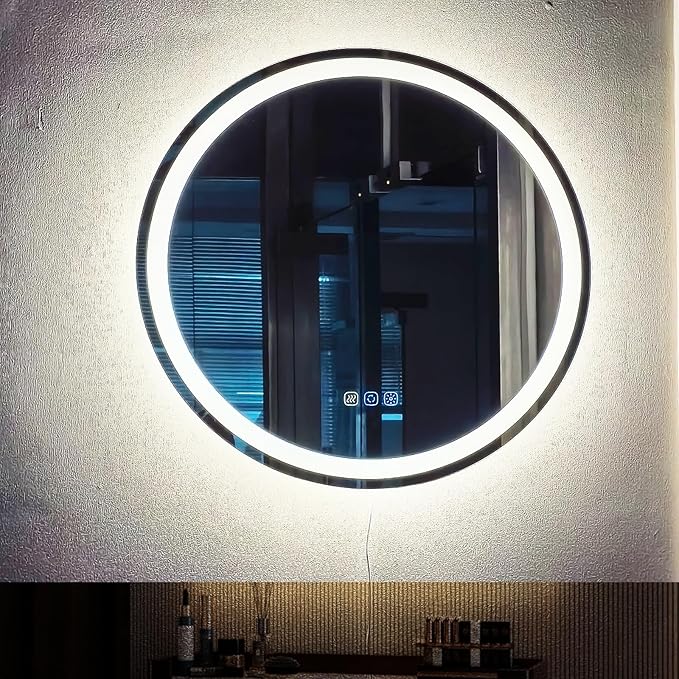 24" LED Round Bathroom Mirror – Front & Backlit Lighted Vanity Mirror, Wall-Mounted with Smart Memory Touch, Stepless Dimming, Anti-Fog, Shatterproof Design