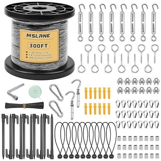 1/16" Black Wire Rope Kit 300FT 304 Stainless Steel Vinyl Coated with M5 Turnbuckles, 7x7 Strand Core Aircraft Cable for String Light, Picture Hanging, Clothesline, Curtain, and Plant Trellis