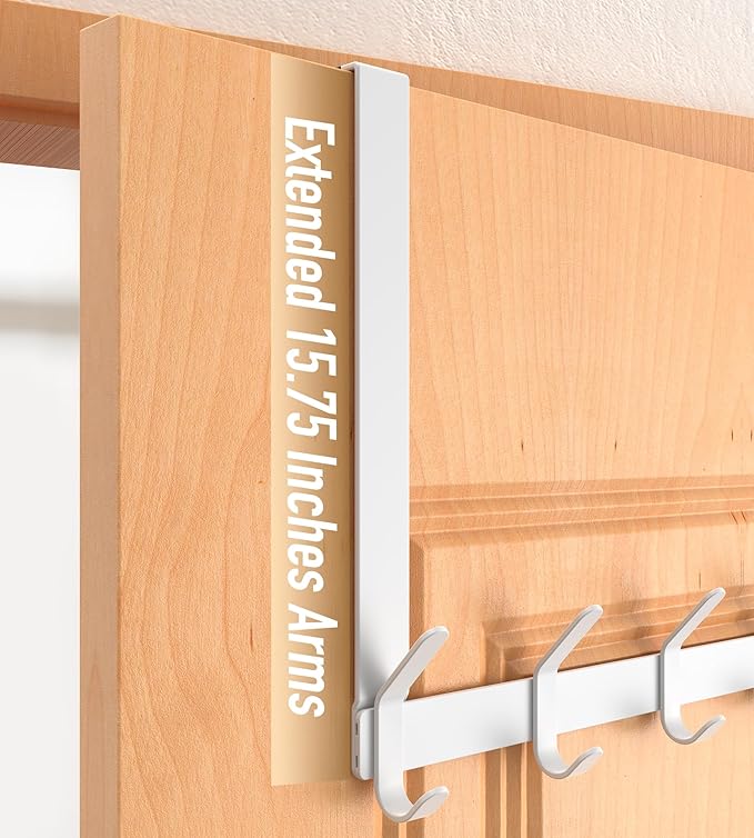 Long Over The Door Hooks Hanger with 15.75" Arms for Easier Access by Shorter, J16U, Perfectly Fits US Standard 1 3/8-inch Doors, Towel Rack Bathroom Organizer Holder, Rustproof, White