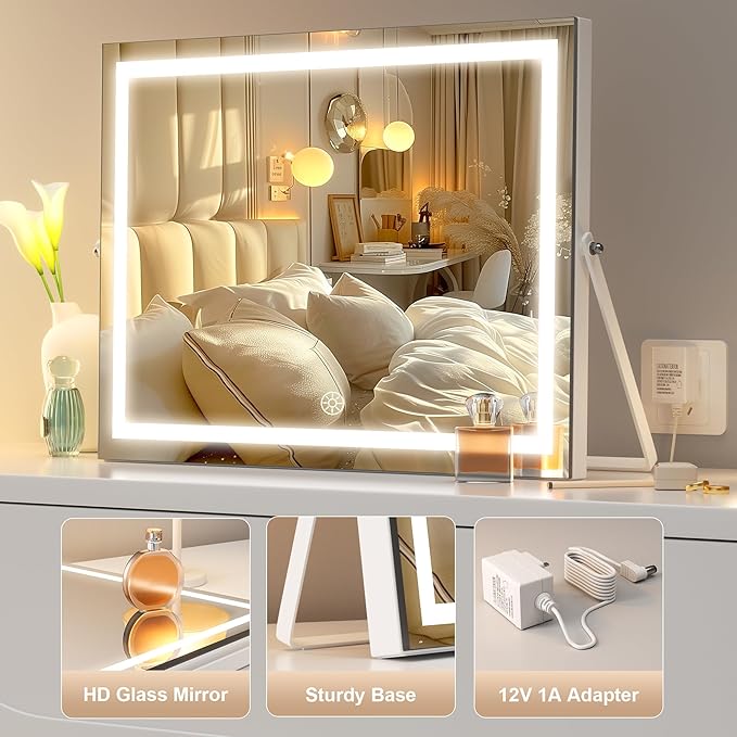 Hasipu Vanity Mirror with Lights, 17.7" x13.8” - 10X Magnification, Smart Touch 3 Color Modes, Brightness Control & 360° Rotation