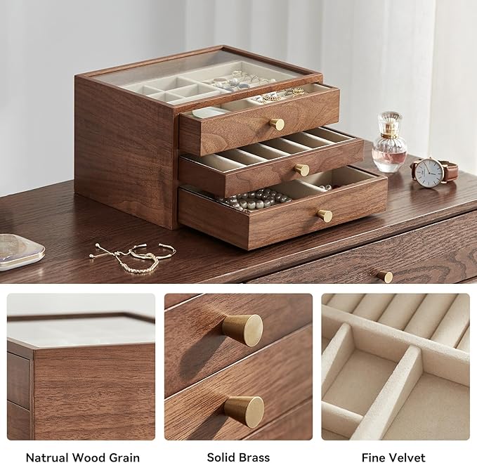 CHOSIN Black Walnut Wooden Jewelry Box for Women, 3-Layer Wood Jewelry Organizer with Glass Lid for Watches, Necklaces, Rings & Earrings Storage Valentine's Day Gifts