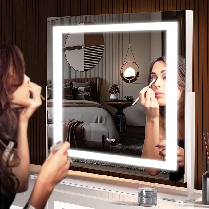 Hasipu Vanity Mirror with Lights, 24.2" x 19.7" LED Makeup Mirror, Light up Mirror with 10X Magnification and USB, Phone Holder, Smart Touch 3 Colors Dimmable, 360° Rotation (Right Angle White)