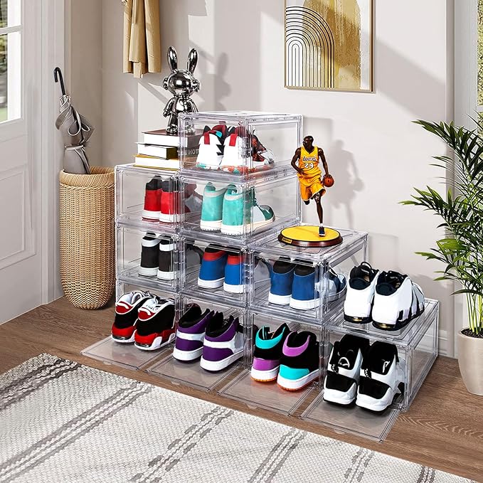 Upgraded 12 Pack Shoe Box,Acrylic Clear Shoe Boxes,Drop Front Shoe Storage Box,Clear Plastic Stackable Sneaker Box,Shoe Containers,Shoe Display Case,Sneaker Storage,Fits Up to Size 15