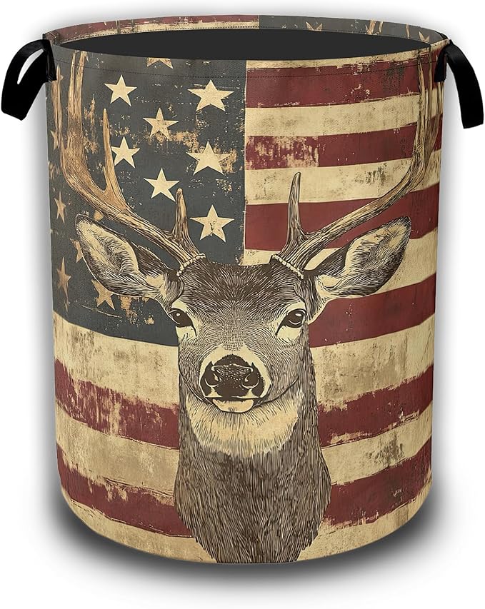Laundry Hamper,American Flag Deer Laundry Baskets,Waterproof Oxford Cloth Toy Storage for Bedroom,Bathroom,Nursery,16x20.8 Inch