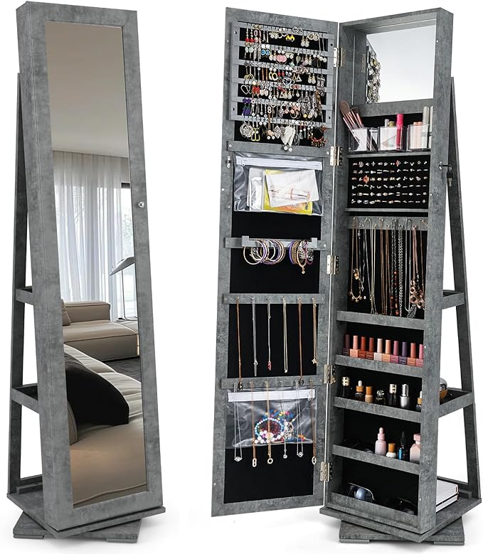 CHARMAID 360° Swivel Jewelry Armoire with Full Length Mirror, Standing Lockable Jewelry Cabinet Organizer, Large Storage Capacity, Inside Makeup Mirror, Back Storage Shelves (Stone Gray)