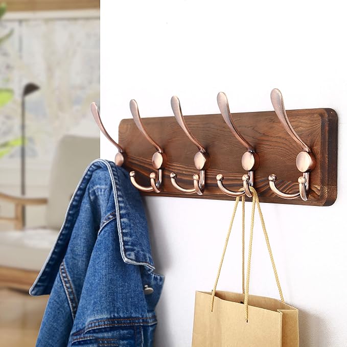 SKOLOO Coat Rack Wall Mounted - Pack of 2, Wooden, Heavy Duty, Rustic Coat Hooks for Wall, Wall Coat Rack with 5 Triple Hooks for Hanging Clothes, Jacket, Hat(Brown & Retro Red)