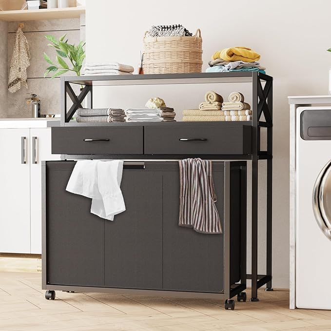 Laundry Hamper 3 Section, 150L Rolling Laundry Sorter Basket with 2 Shelves and 2 Drawers, 3 Compartment Clothes Organizer Cart with Wheels, Pull-Out Bags for Laundry Room, Bathroom, Bedroom