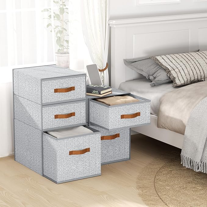 DIMJ Closet Organizers and Storage - Fabric Storage Bins with Drawers Stackable Closet Bins with Labels for Clothes, Sweaters, Bedding, Collapsible Storage Cubes for Bedroom, Living Room, Shelf