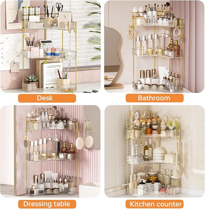 3-Tier Corner Bathroom Counter Organizer，Makeup & Skincare Shelf with Built-in Brush Holder，Space-Saving Bathroom Countertop Organizer for Skincare, Perfume, Cosmetics(Green)