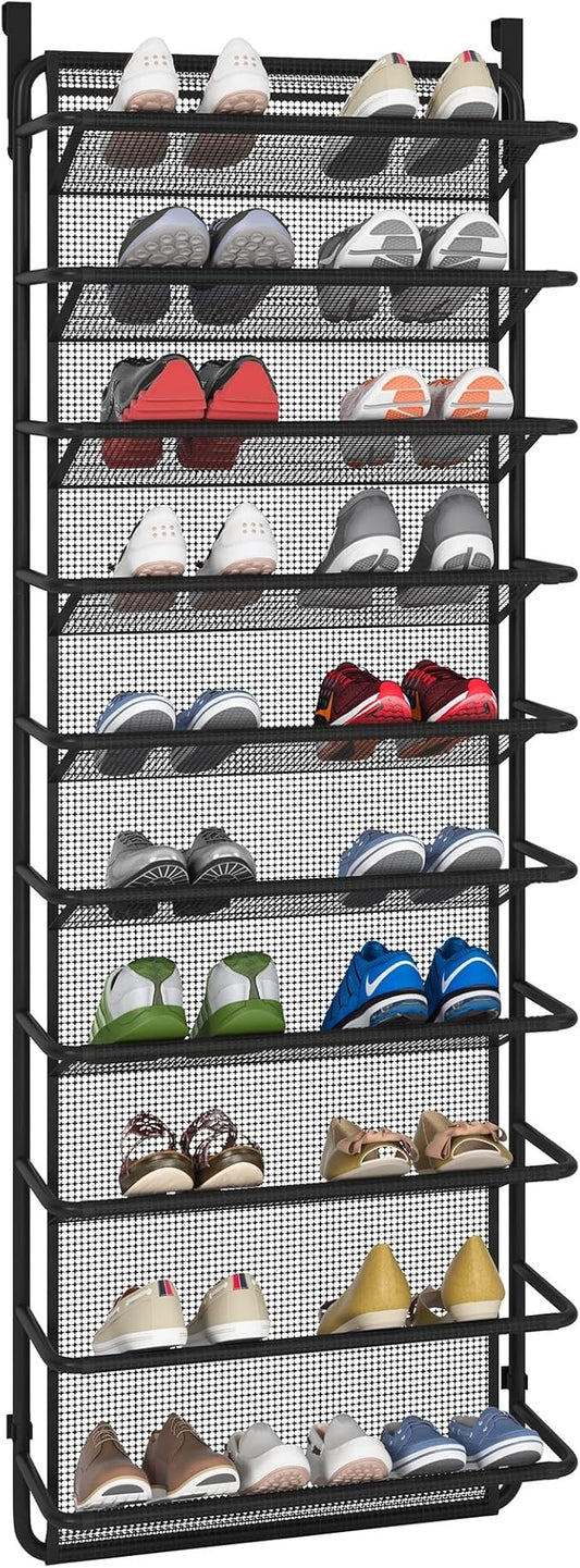 10 Tier Shoe Rack Over The Door Shoe Organizer Hanging Shoe Storage with Key Holder for Closet Pantry Wall Floating Shelves (10 Tier, Matte Black)