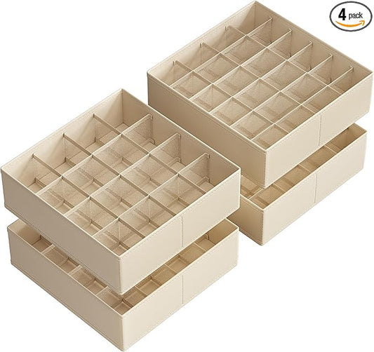 SONGMICS 4 Pack Drawer Organizers, 80 Cells (2x16+2x24), Foldable Dividers, 11.8 x 11.8 x 3.9 Inches, for Socks, Underwear, Ties, Belts, Summer Sand URUS011K01