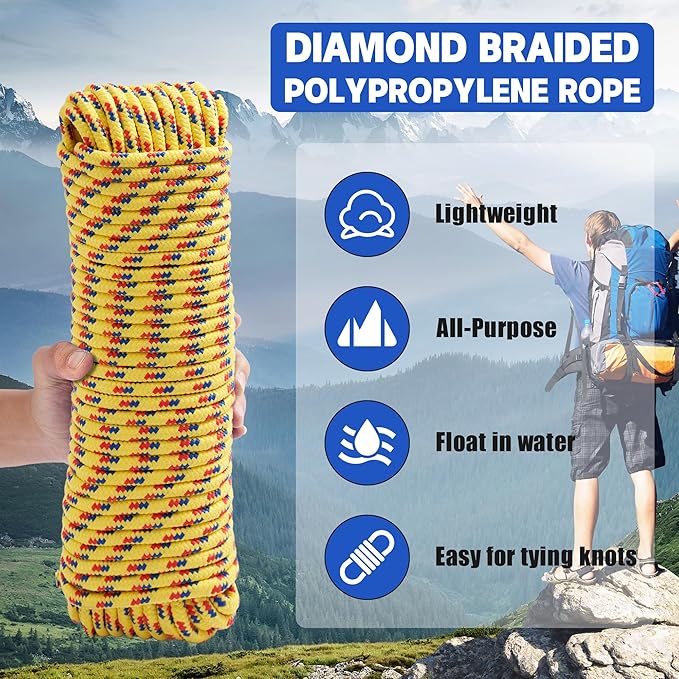 3/8 Inch 100 ft Diamond Braided Polypropylene Rope, All Purpose Thick Boat Marine Ropes for Camping and Flag Pole, Indoor and Outdoor Use, Indoor and Outdoor Use, Yellow