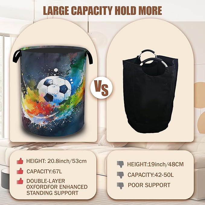 Abstract Soccer Laundry Basket,Waterproof Foldable Watercolor Ball Laundry Hamper,Dirty Clothes Basket, Linen Bin Storage Organizer Collection 16" x 20.8"