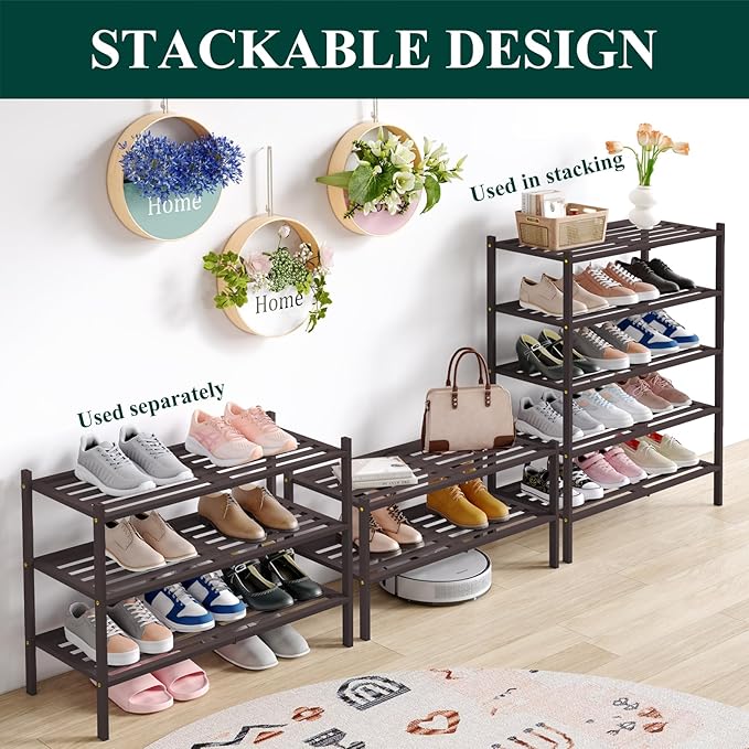 Smiry Bamboo Shoe Rack 3-Tier, Stackable Wooden Shoe Organizer for Entryway & Closet, Free Standing Wood Shoe Storage Shelf for Front Door & Small Spaces, Brown