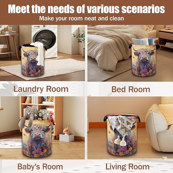 Highland Cow Laundry Basket,oil Painting Laundry Hamper Waterproof Oxford Cloth Tote Collapsible,Clothes Storage Bucket Decorative Toy Organizer For Bathroom Bedroom 16" x 20.8"
