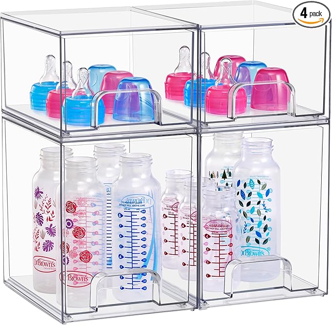 Sorbus Stackable Acrylic Storage Drawers, 4 Pack Clear Plastic Organizer Bins for Baby Bottles, Makeup, Bathroom, Vanity & Countertop Organization, Pull-Out Drawer Design for Cabinets & Pantry