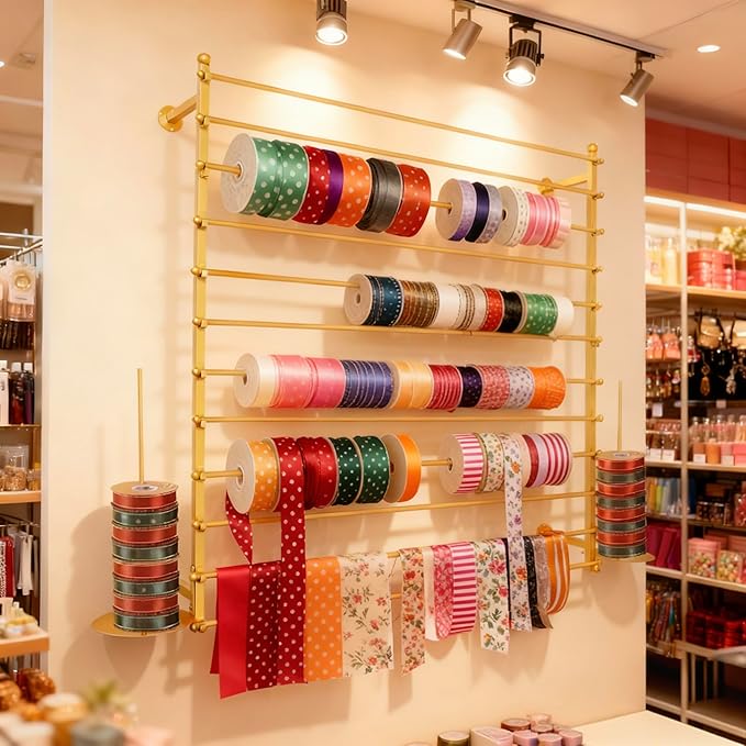 12 Layers 120cm Gold Wall Display Stand Wrapping Paper Ribbon Organizer Holder Storage Scarf Tie Belt Towel Spool Sewing Tool Hijab Metal Shelving for Home, Retail Stores, Flower Shop, Studio