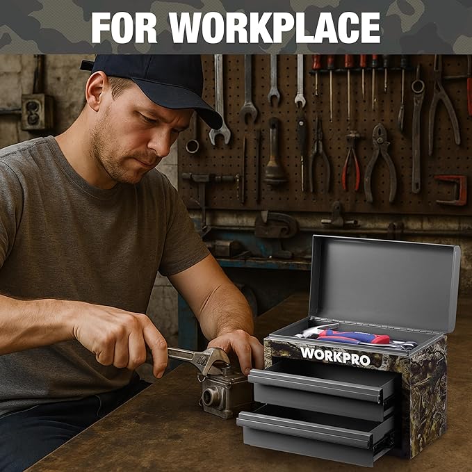 WORKPRO Metal Mini Tool Box, Top Tool Chest containing Two Drawers with Ball Bearing Slides, PVC Drawer Liners and PP Feet Pads, Durable Cold Rolled Steel Small Toolbox for Multi-Purpose Storage