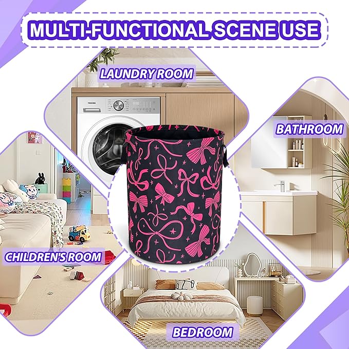 Bow Laundry Basket Oxford Cloth Pink Bowknot Laundry Hamper Funny With Handle Foldable Portable Clothes Storage Basket 18.9 X 16.5 In Storage Bag For Laundry Room/Bathroom/Bedroom/Dormitories