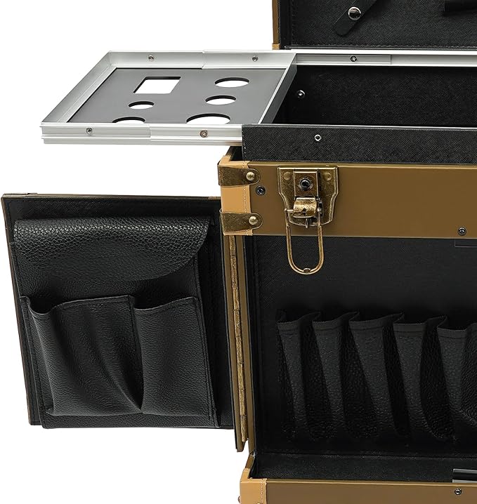 Rolling Makeup Case Large Storage Cosmetic Trolley, Rolling Lockable Makeup Train Case, Stylist Beauty Salon Cosmetic Luggage Travel Organizer Tool Box with Hair Dryer Holder (Gold)